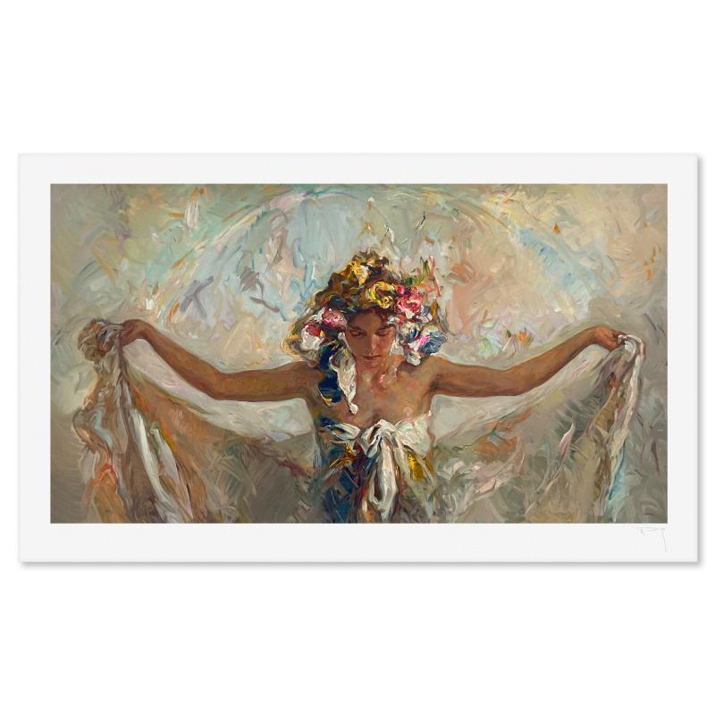 "Prima Luce" is a limited edition printer's proof on paper by Royo, numbered and hand signed by the artist. Includes Letter of Authenticity. Measures approx. 30" x 50" (border), 25" x 45" (image).