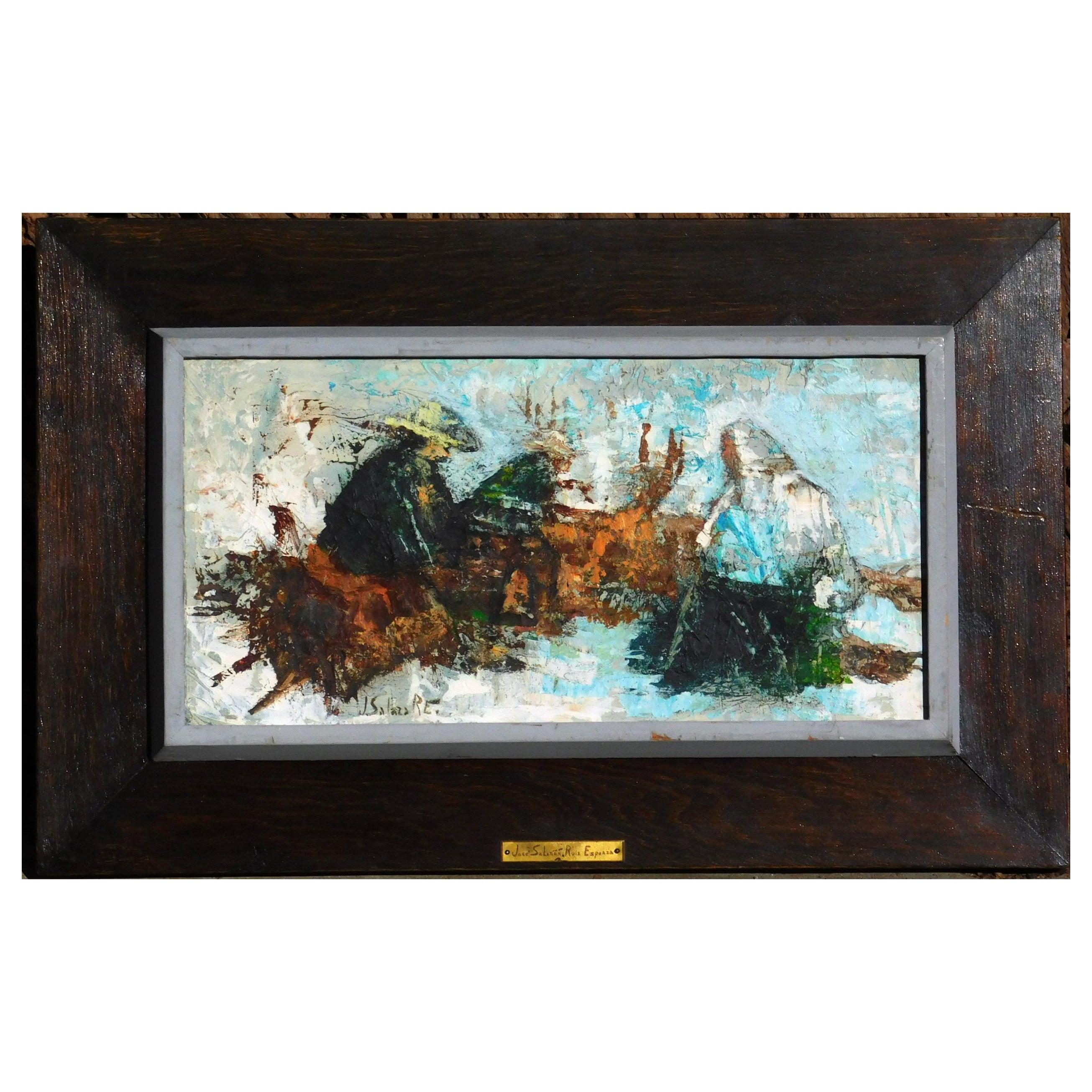 Óleo sobre lienzo original de Jose Salazar Ruiz Esparza firmado por el artista abajo a la izquierda. 
La obra se presenta en el marco original y está en excelente estado. Creada hacia 1960.
El cuadro mide 8" de alto x 16" de ancho. El marco mide 13