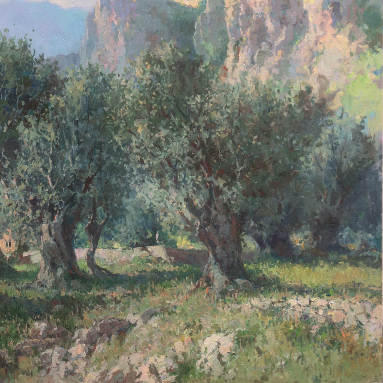 «live Groves, Mallorca », école de San Jorge, Barcelone, Catalogne, Majorca - Gris Landscape Painting par Jose Ventosa Domenech
