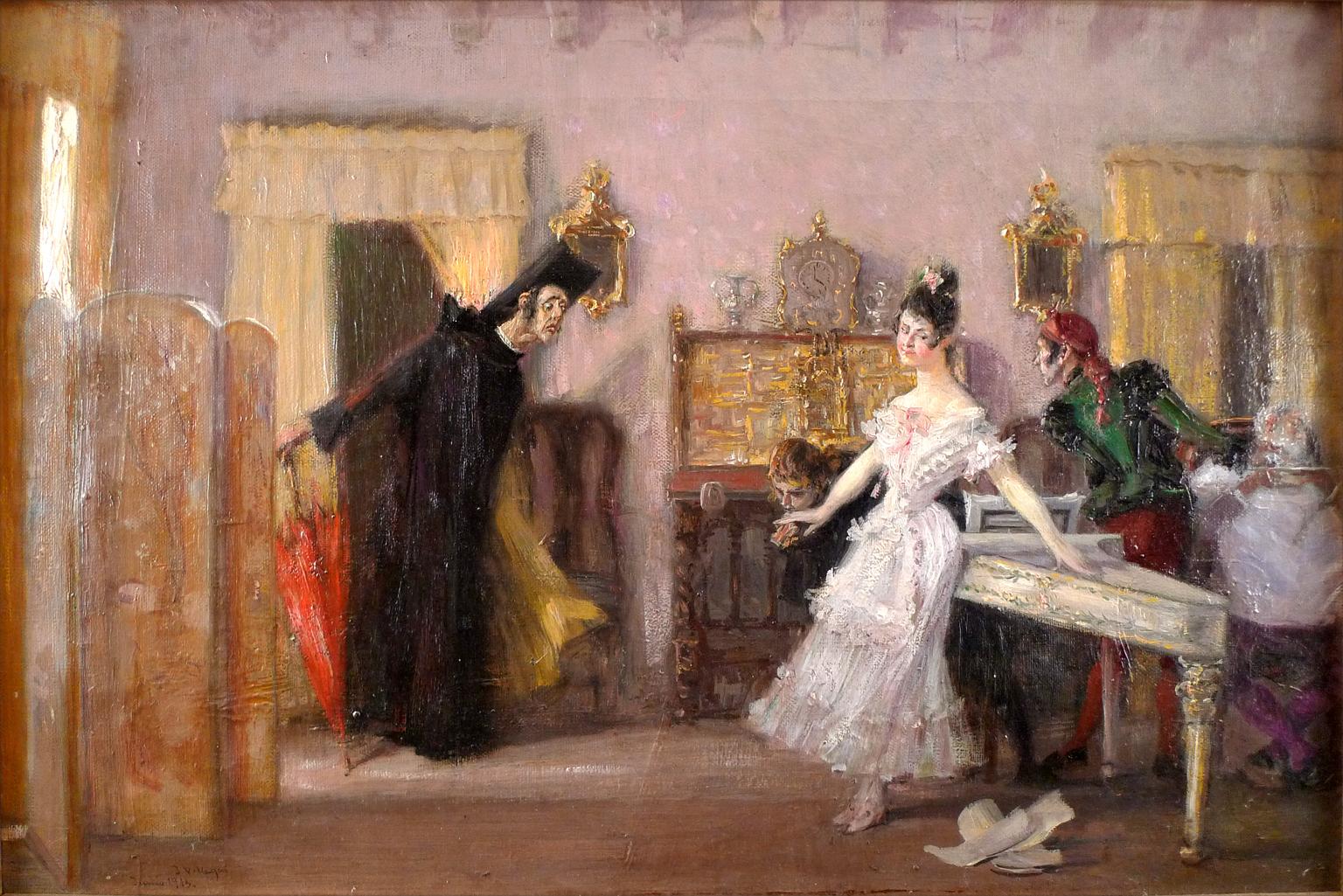„ „Der Barber von Seville“, Öl auf Leinwand, frühes 20. Jahrhundert, von Jos Villegas – Painting von José Villegas