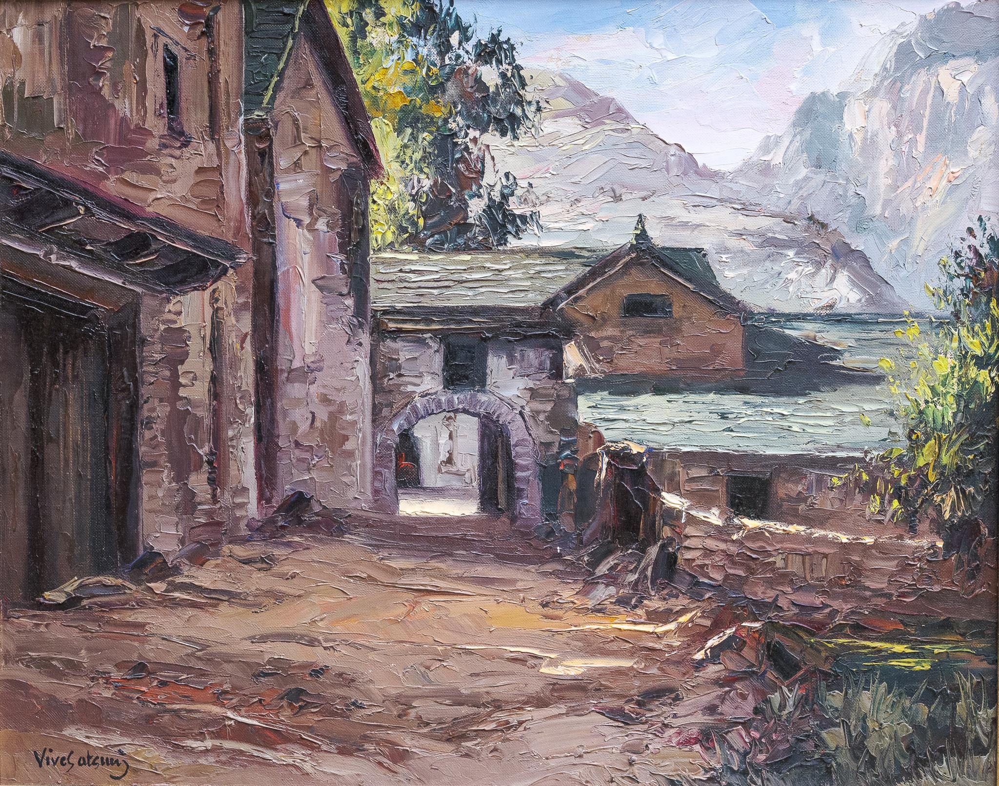 "Calle Tipica, Aragon, Spain" Landscape Painting of Calm Mountain Village Scene