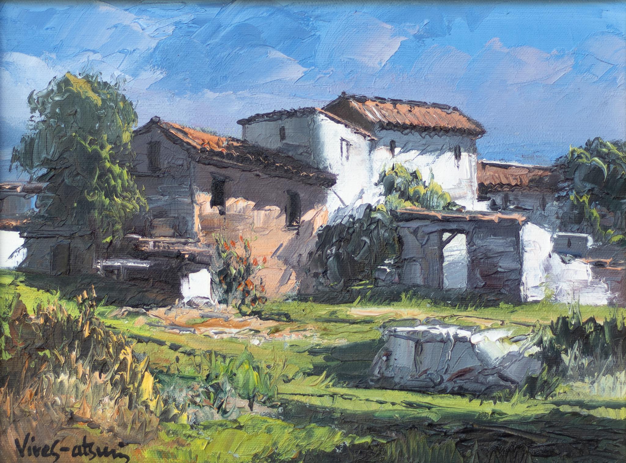 Jose Vives-Atsara Landscape Painting - "Catalonian Village" Sunny Impressionist Spanish Landscape with White Buildings