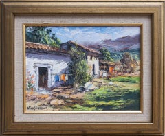 "Landleben, Spanien" Ölgemälde von üppiger ländlicher Dorflandschaft mit weißem Haus
