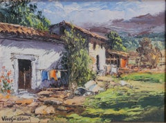 "Landleben, Spanien" Ölgemälde von üppiger ländlicher Dorflandschaft mit weißem Haus