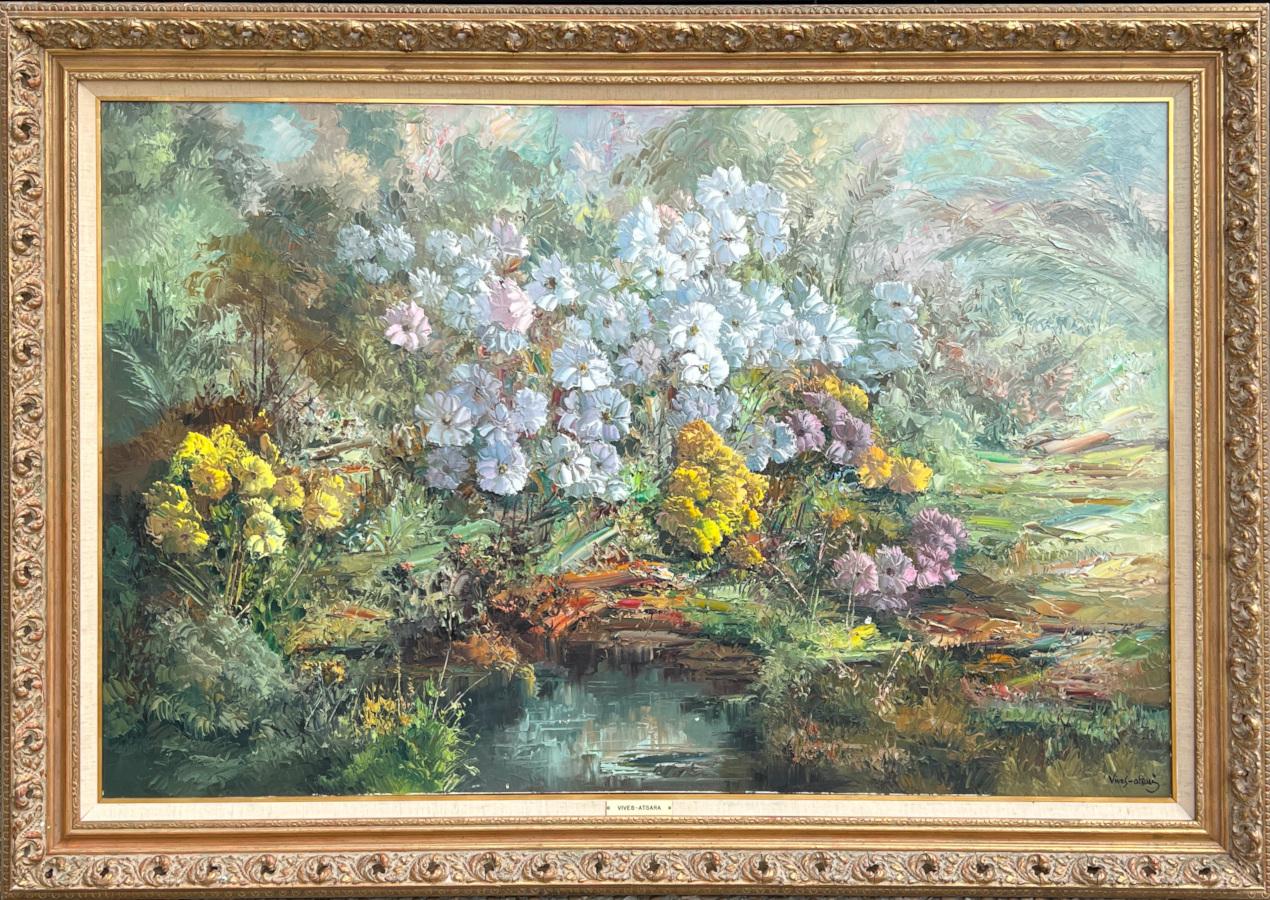 Jose Vives-Atsara Still-Life Painting - "FLOWERS" 46 X 65 FRAMED.  MASTER OF THE PALETTE KNIFE. BIG AND BEAUTIFUL!!