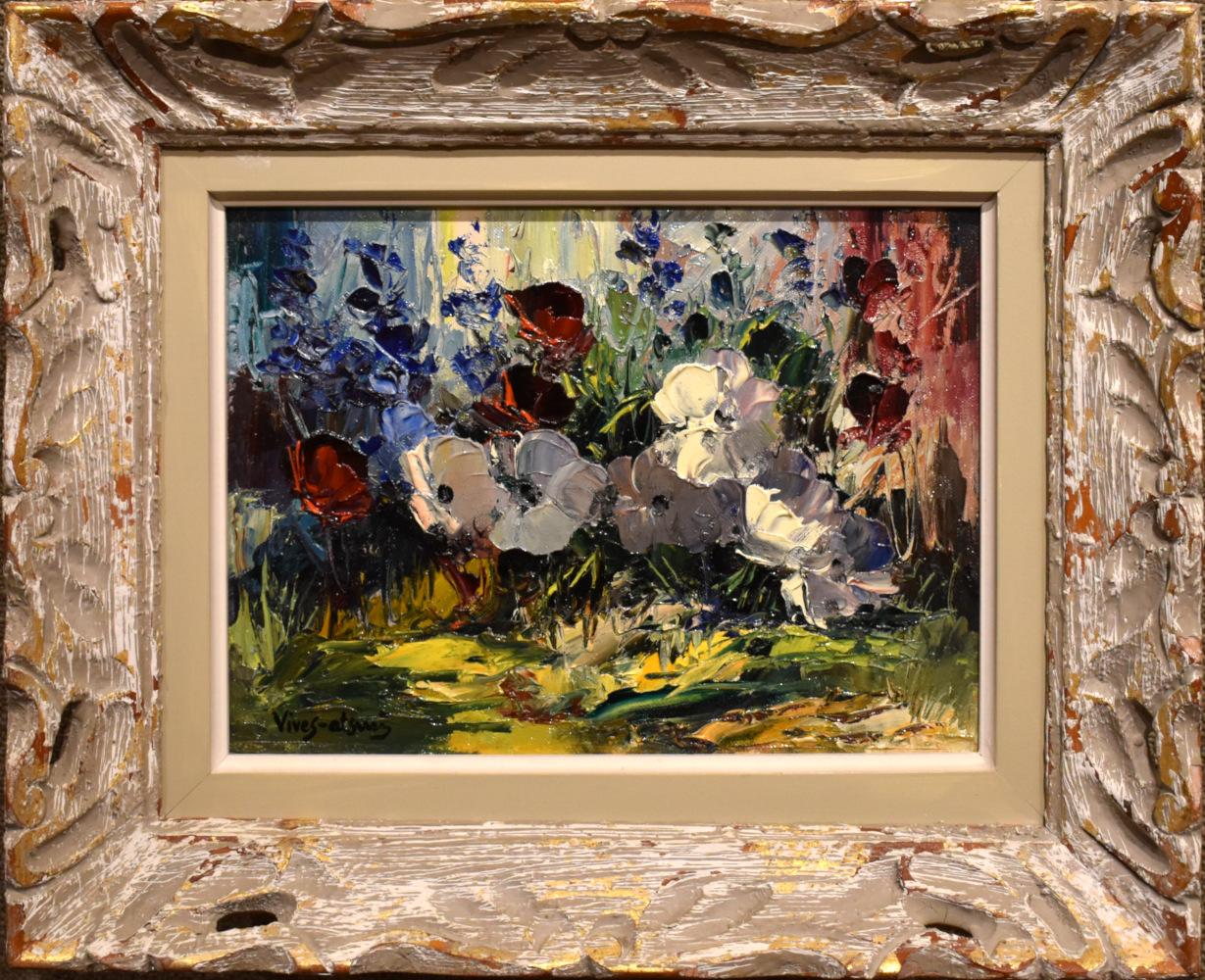 Jose Vives-Atsara Landscape Painting - "FLOWERS" DATED 1967. 14.5 X 17.5 FRAMED.  MASTER OF THE PALETTE KNIFE.