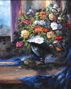 "FLOWERS" STILL LIFE OIL ON CANVAS APPLIED BY PALETTE KNIFE DATED 2001