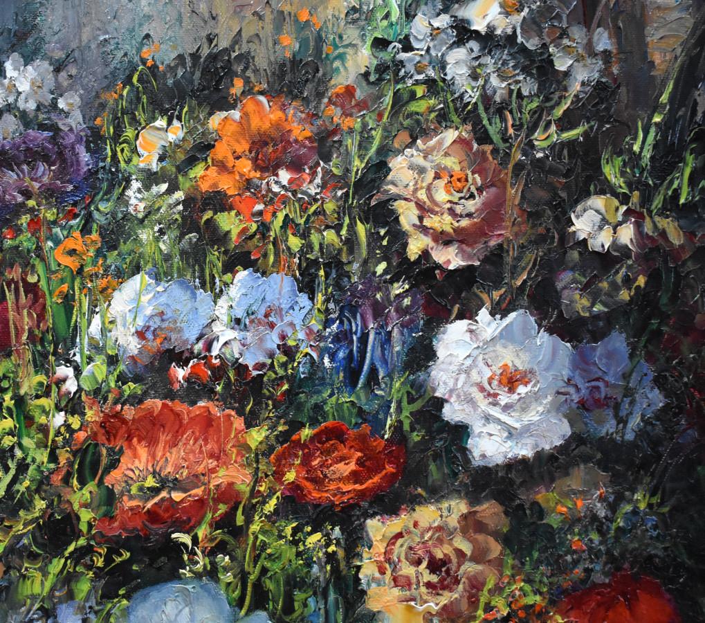 „FLOWERS“ STILL LIFE OIL ON CANvas APPLIED BY PALETTE KNIFE DATED 2001 im Angebot 1