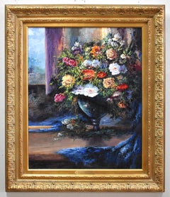 "FLOWERS" STILL LIFE OIL ON CANvas APPLIED BY PALETTE KNIFE DATED 2001