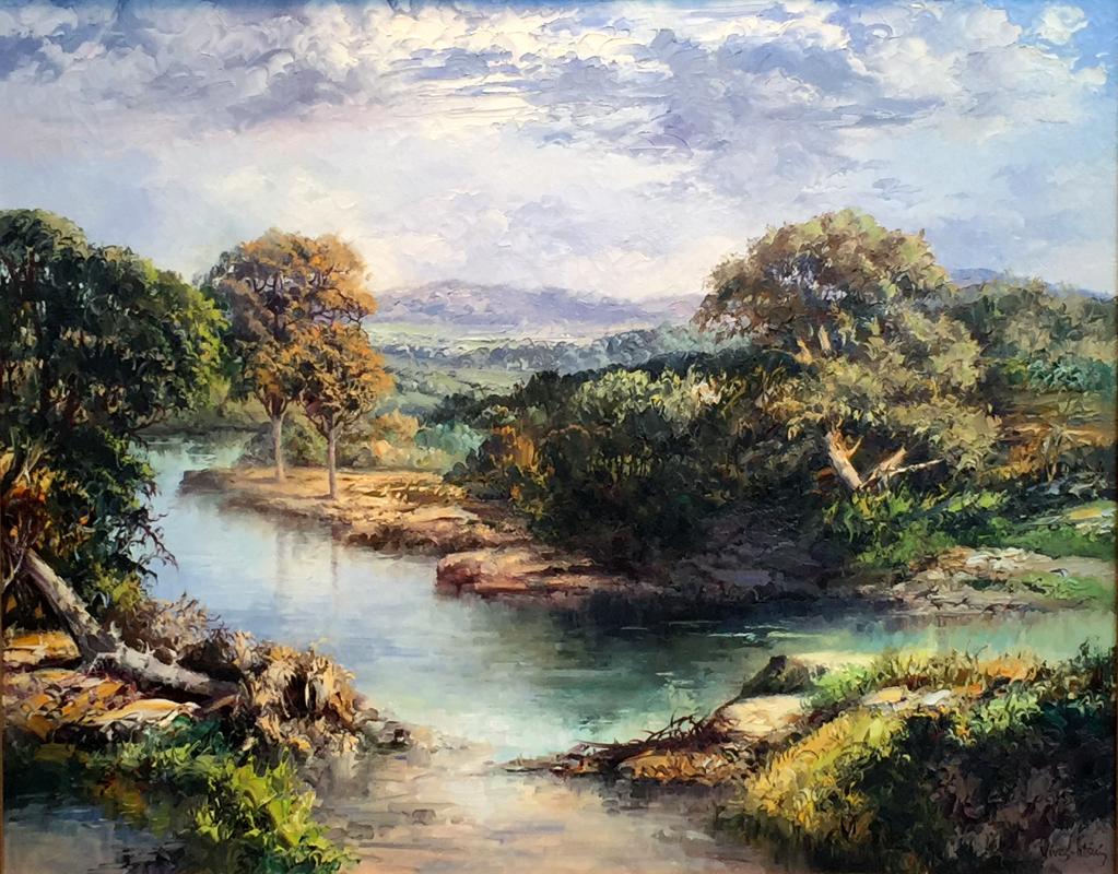 Jose Vives-Atsara Landscape Painting - "Hill Country"  Texas  Most likely the Guadalupe River Palette Knife Painting 