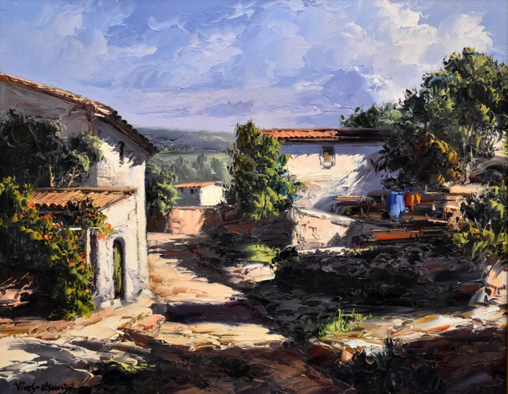 Jose Vives-Atsara Landscape Painting - "HOUSES AT THE COUNTRYSIDE"  Catalonia Spain The Artist of "Light" Palette Knife