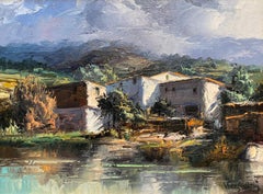 Vintage "Houses on the Creek"  Catalonia Spain.  Casas Case Calle Palette Knife Master
