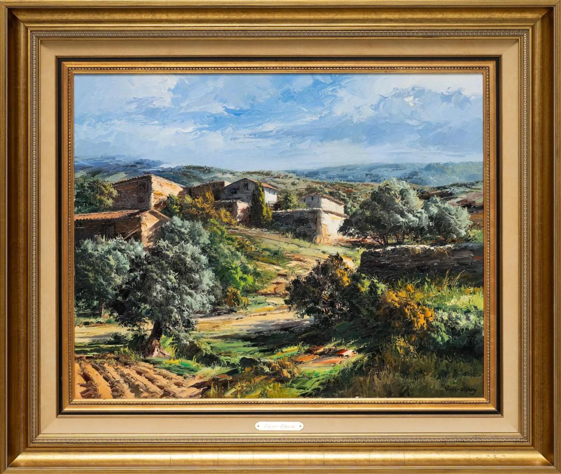 Jose Vives-Atsara Landscape Painting - "HOUSES ON THE HILLS" CATALONIA SPAIN. DATED 1981