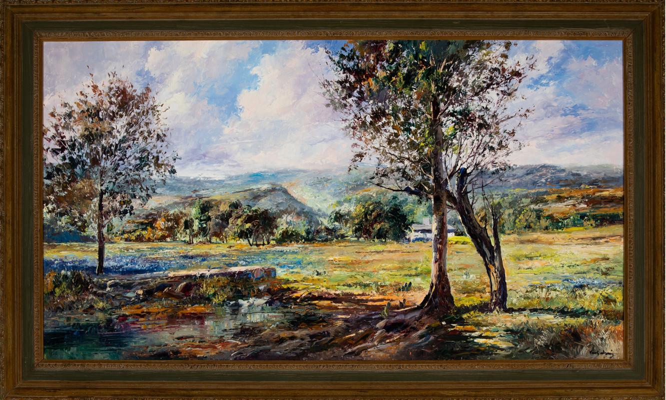 Jose Vives-Atsara Landscape Painting - JOSE VIVES-ATSARA FRAME: 40 x 68 "PAISAJE DE TEXAS"  BLUEBONNET LANDSCAPE 1960