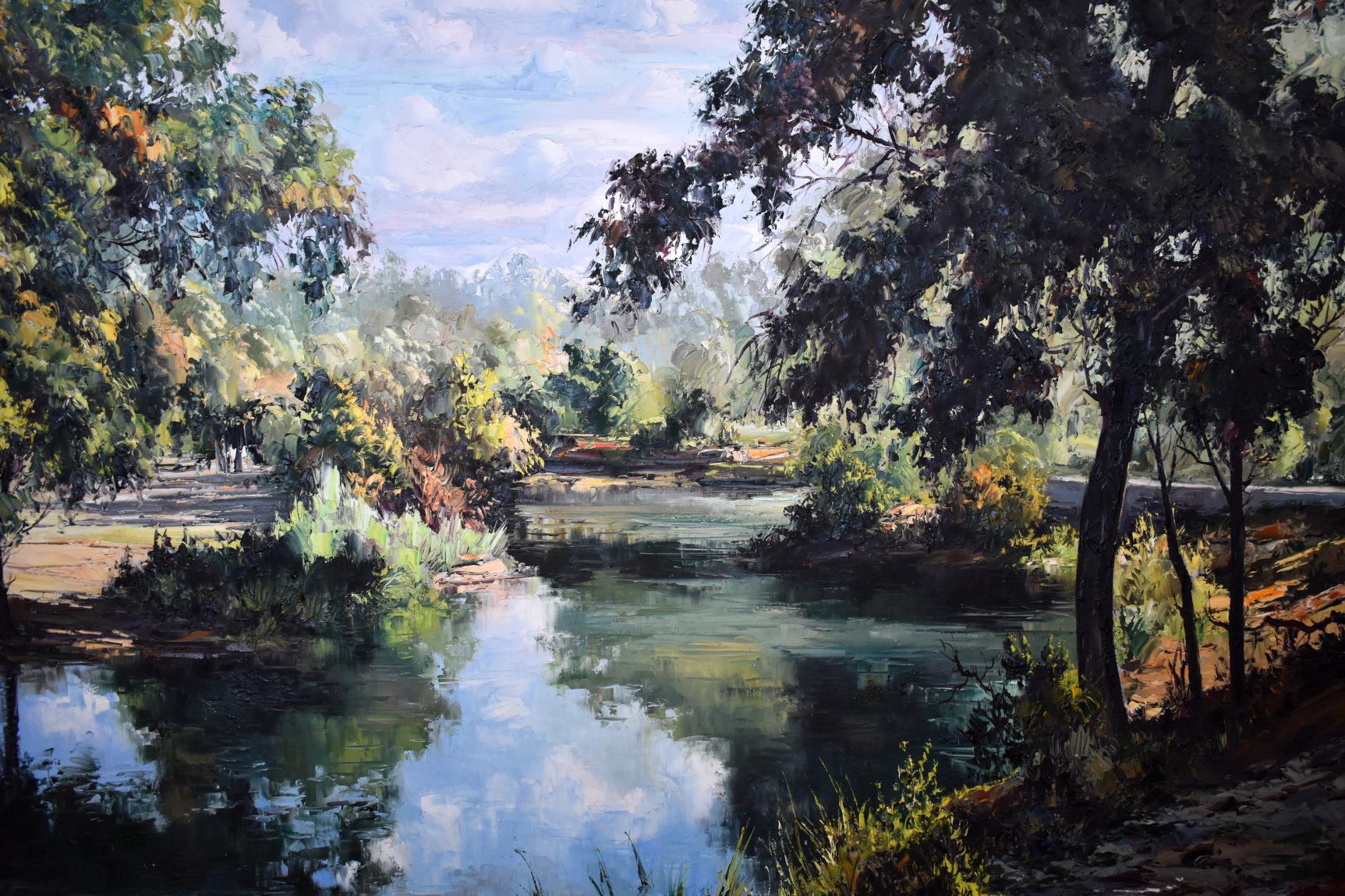 Jose Vives-Atsara Landscape Painting - "MORNING AT BRACKENRIDGE PARK" SAN ANTONIO TEXAS PALETTE KNIFE PAINTING 69 X 103
