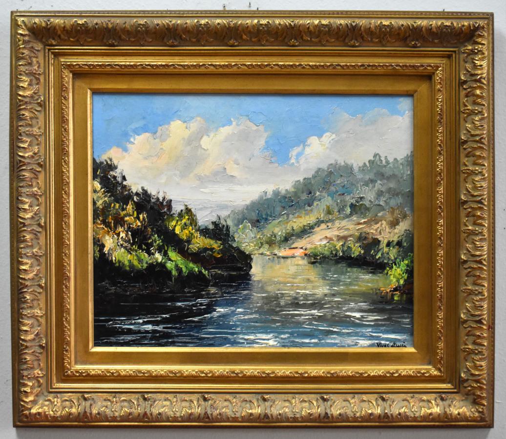 Landscape Painting di Jose Vives-Atsara - "RIVER BEND" OLIO SU TELA APPLICATO CON LA SPATOLA
