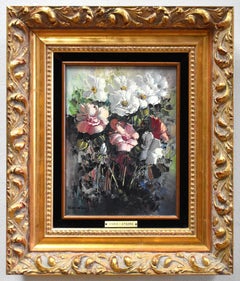 "ROSES" OIL ON PANEL APPLIED WITH PALETTE KNIFE. DATED 1975