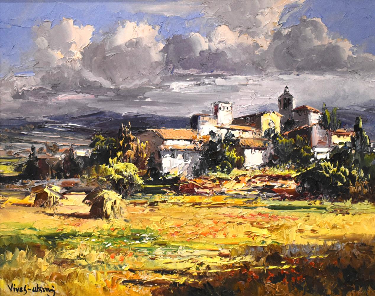 Jose Vives-Atsara Landscape Painting - "SPANISH VILLAGE HUESCA" OIL JOSE VIVES-ATSARA SAN ANTONIO ARTIST