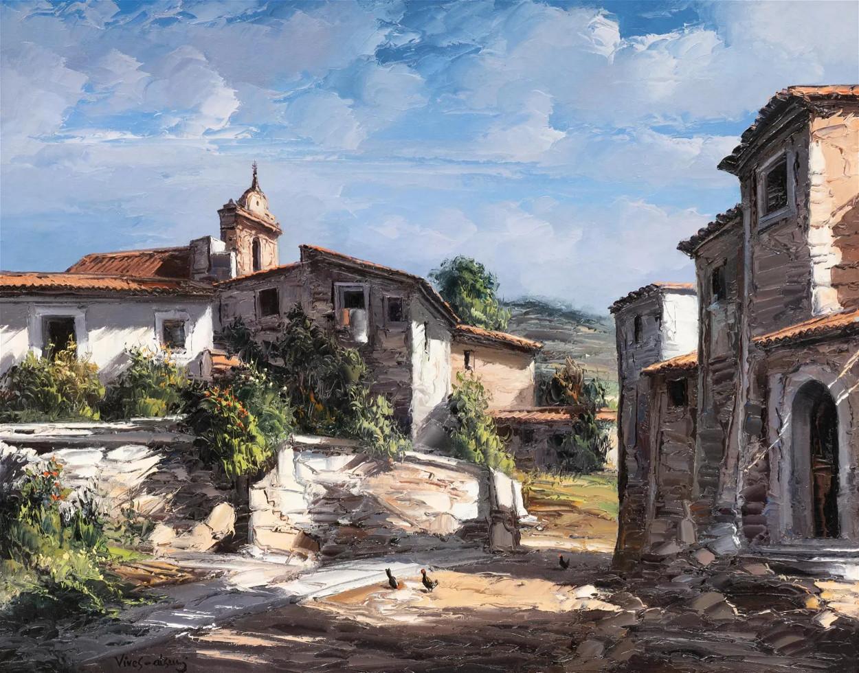 Jose Vives-Atsara Landscape Painting - "VILLAGE IN CATALONIA" 1973  MASTER OF THE PALETTE KNIFE SPAIN FRAME 34 X 40 