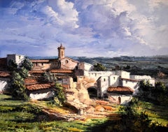 "VILLAGE IN CATALONIA" SPAIN OIL APPLIED BY PALETTE KNIFE TEXAS ARTIST 1975