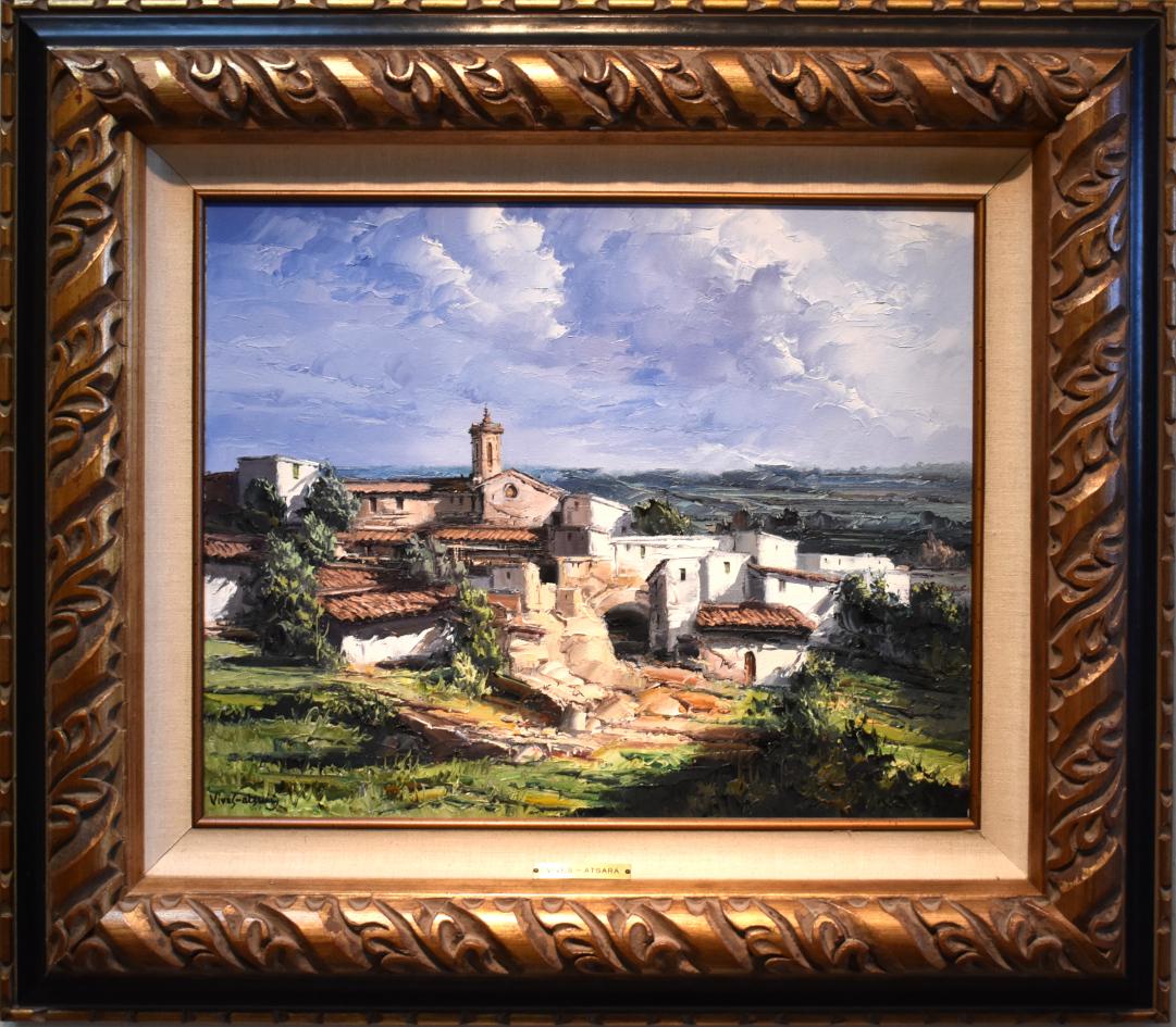 "DORF IN KATALONIEN" SPANIEN ÖL AUFGETRAGEN MIT SPACHTEL TEXAS KÜNSTLER 1975