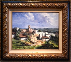 "VILLAGE IN CATALONIA" SPAIN OIL APPLIED BY PALETTE KNIFE TEXAS ARTIST 1975