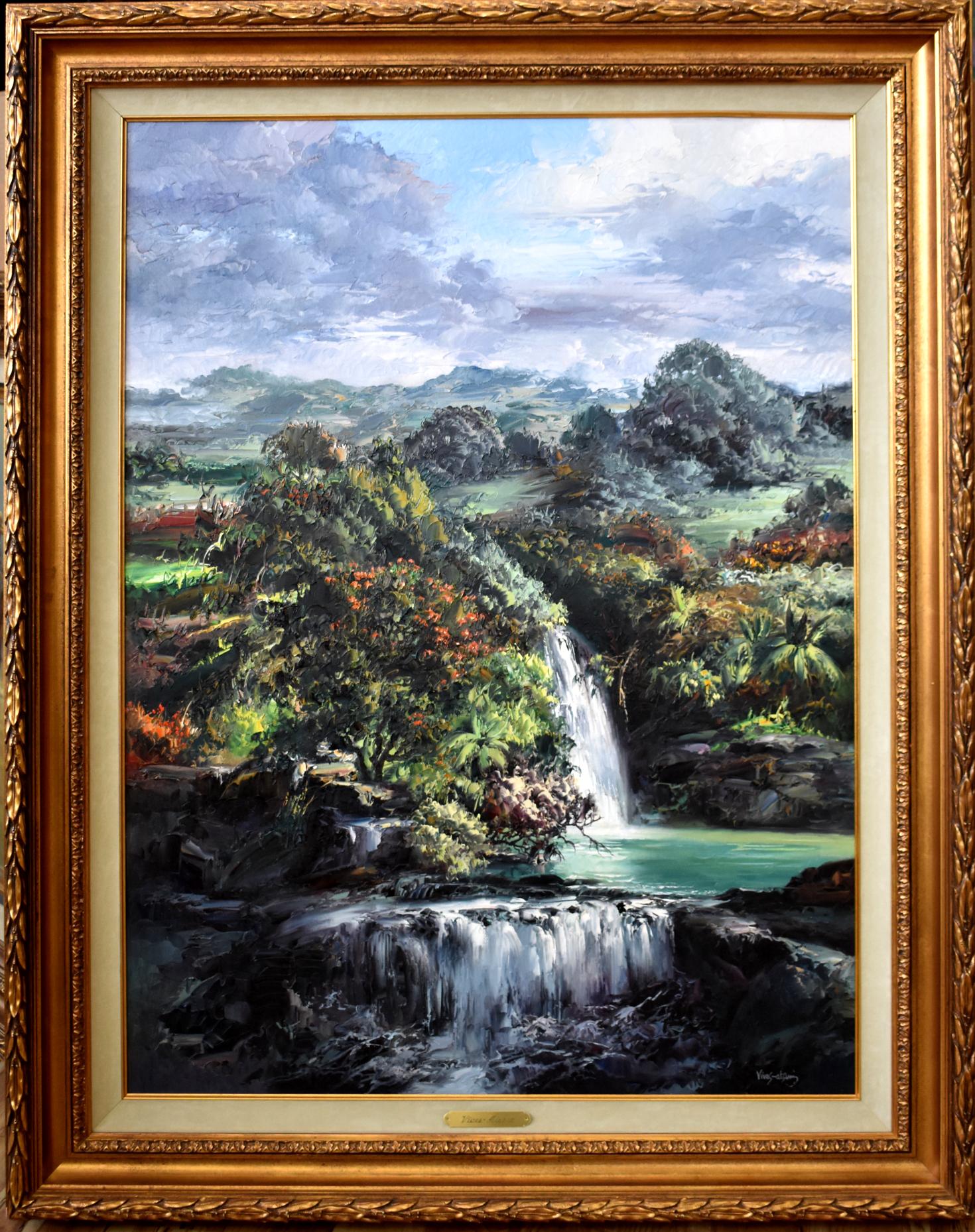 Jose Vives-Atsara Landscape Painting - "Waterfalls In The Island of Oahu Hawaii"  Texas Palette Knife Artist