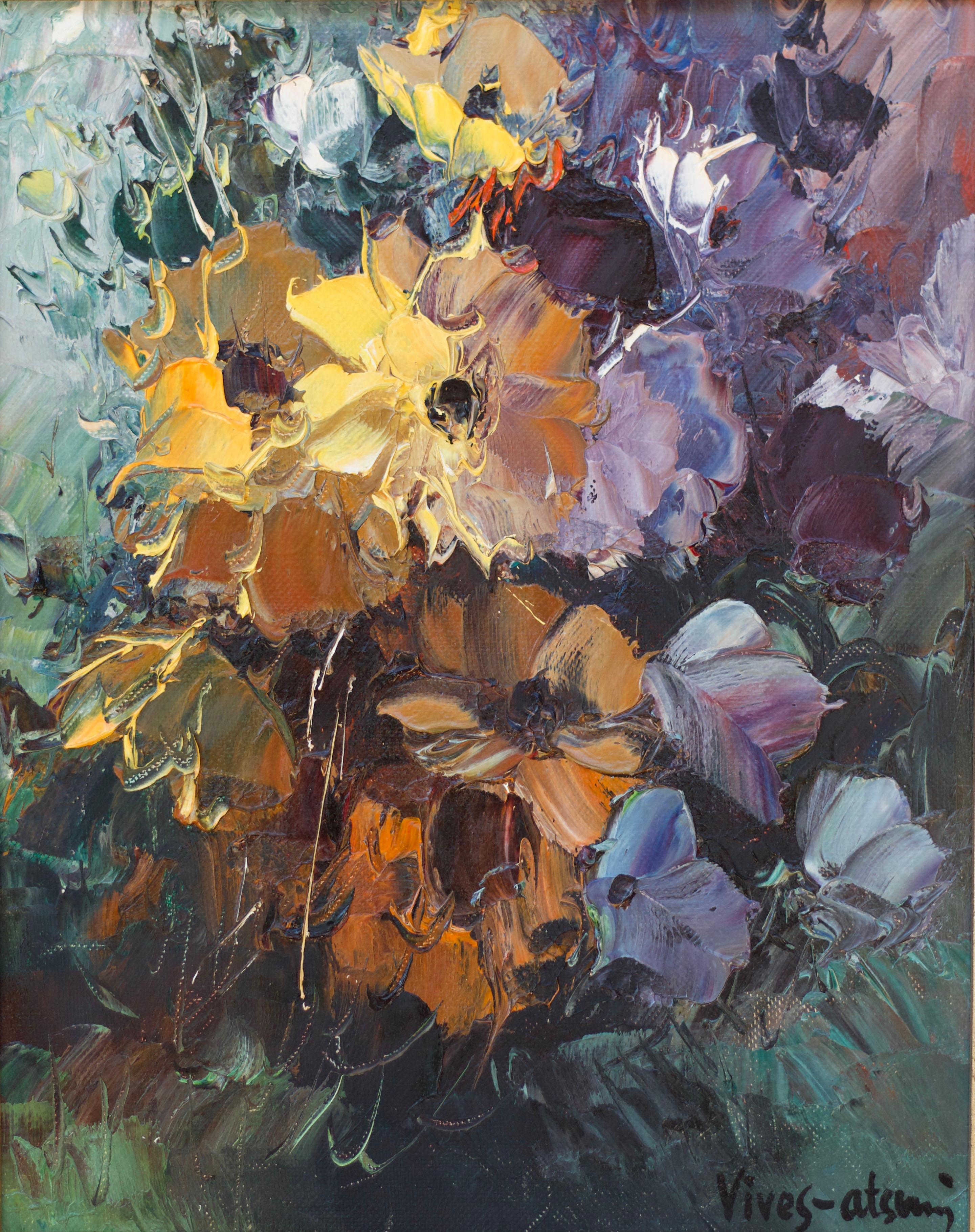 "Wildflowers" Floral Scene with Purple, Yellow, Green, and Orange