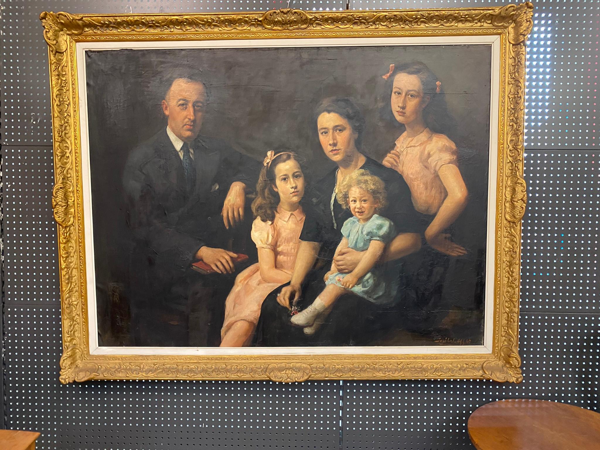 Mid-Century Modern Jose Wolff, Family Portrait, Large Oil on Canvas, circa 1947 For Sale