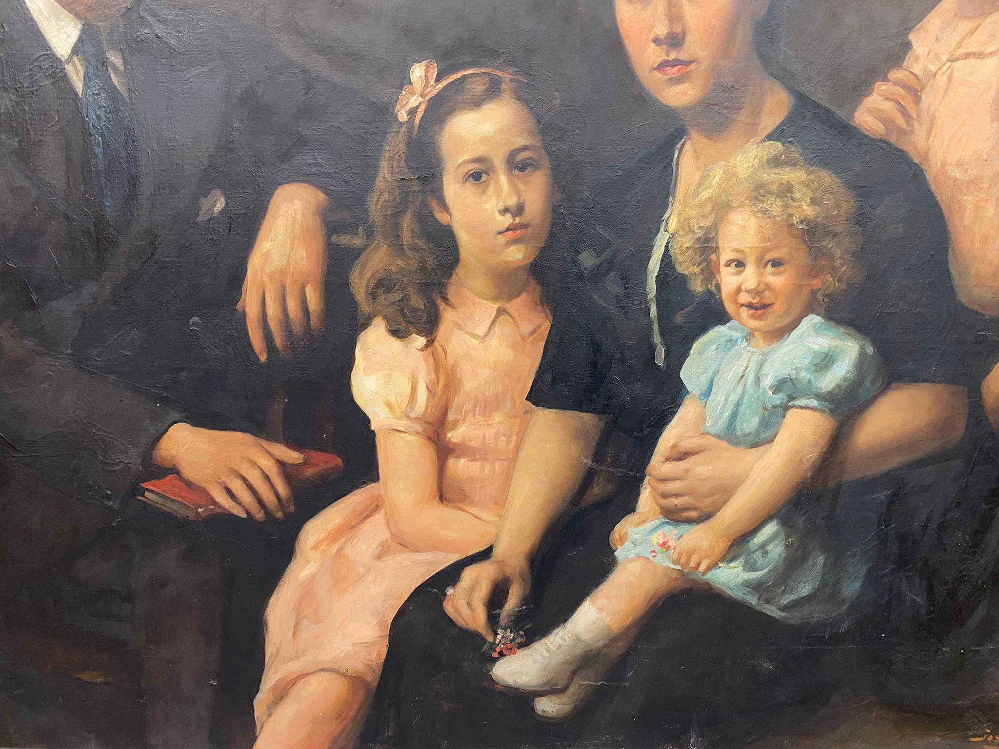 20th Century Jose Wolff, Family Portrait, Large Oil on Canvas, circa 1947 For Sale