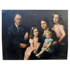 Jose Wolff, portrait de famille. Grande huile sur toile, vers 1947. Cadre doré.