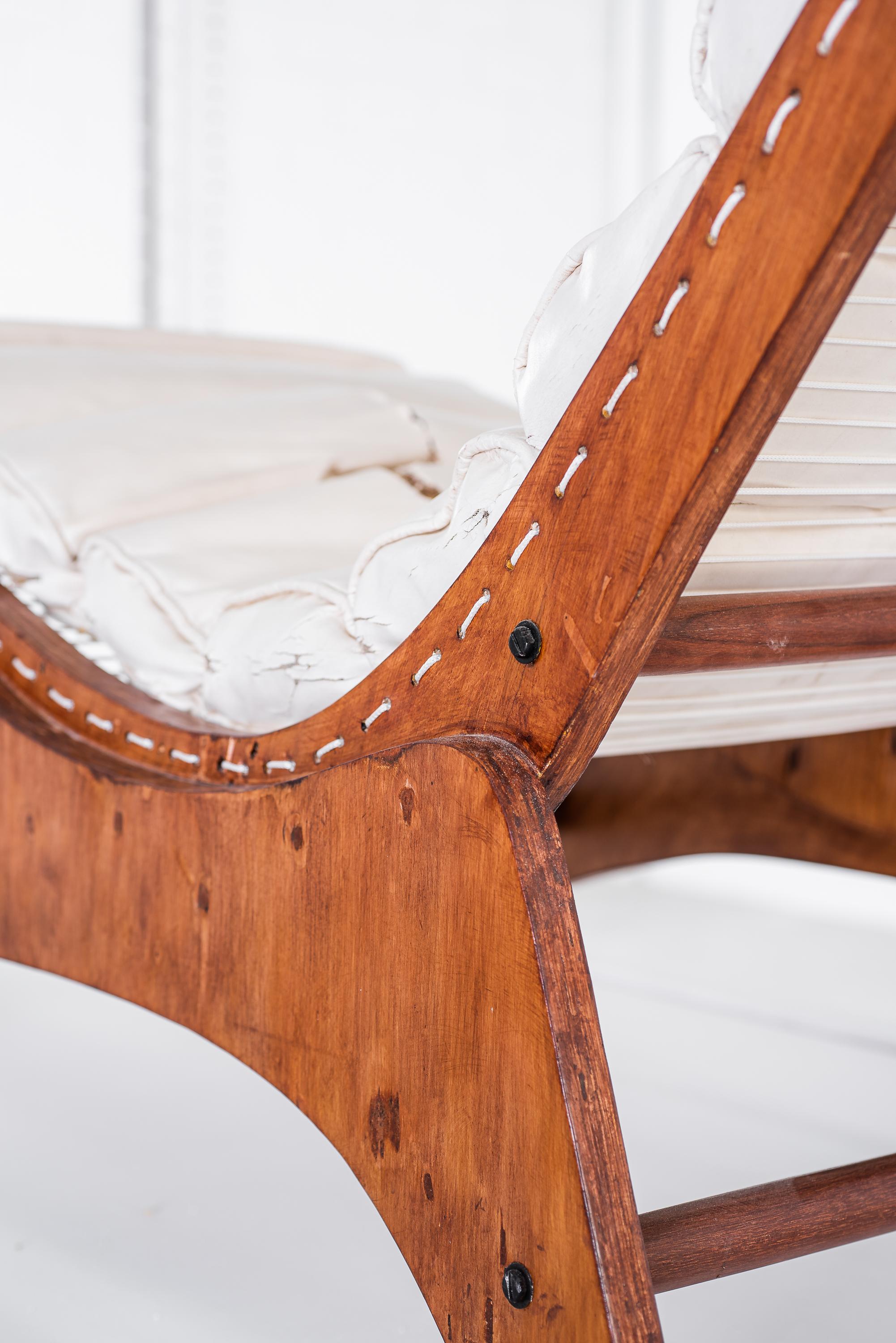 Leather José Zanine Caldas, chaise lounge, Marine Plywood, Rope, Fabric, Brazil, 1950s