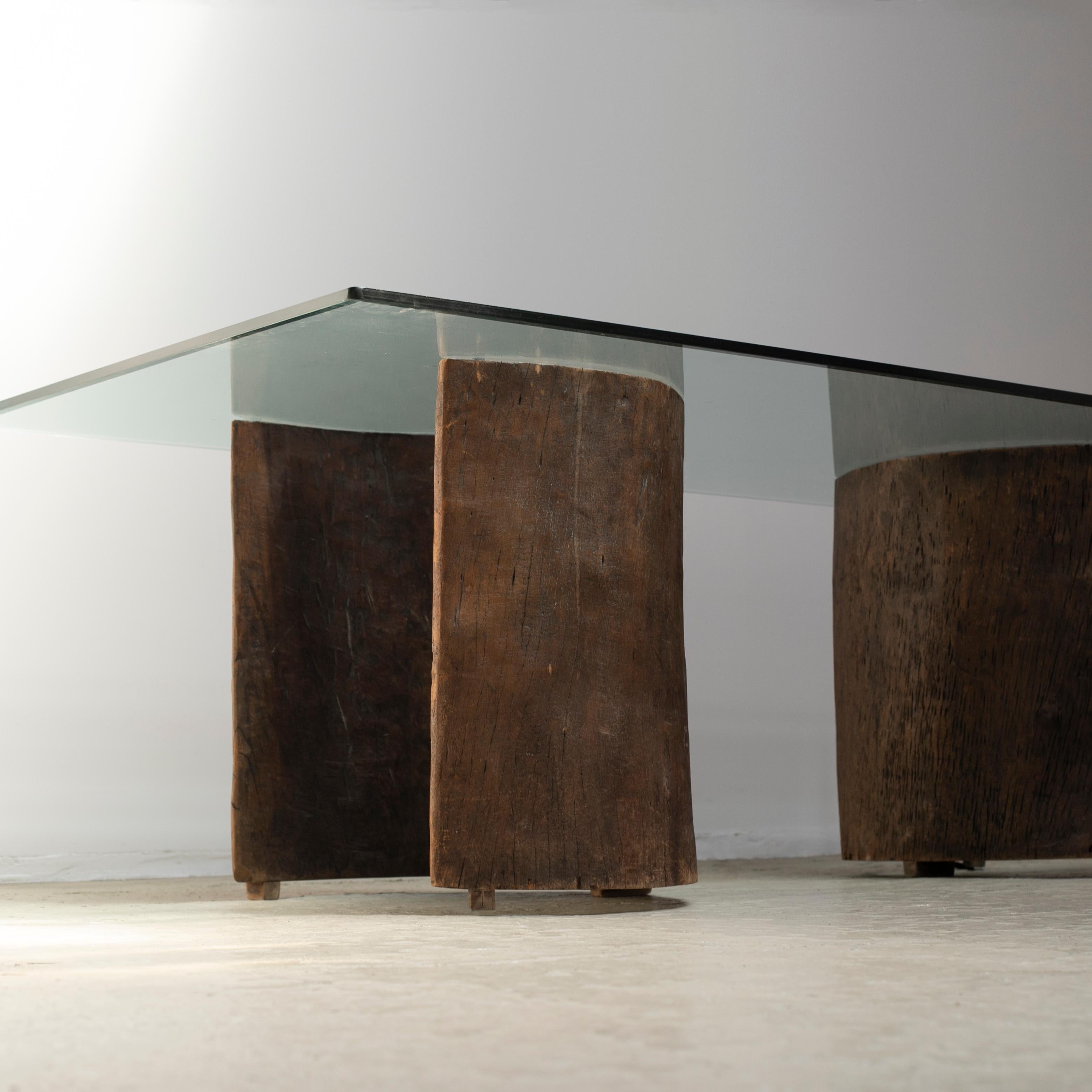 José Zanine Caldas Dining Table, Glass and Brazilian Solid Hard Wood, 1970s For Sale 1