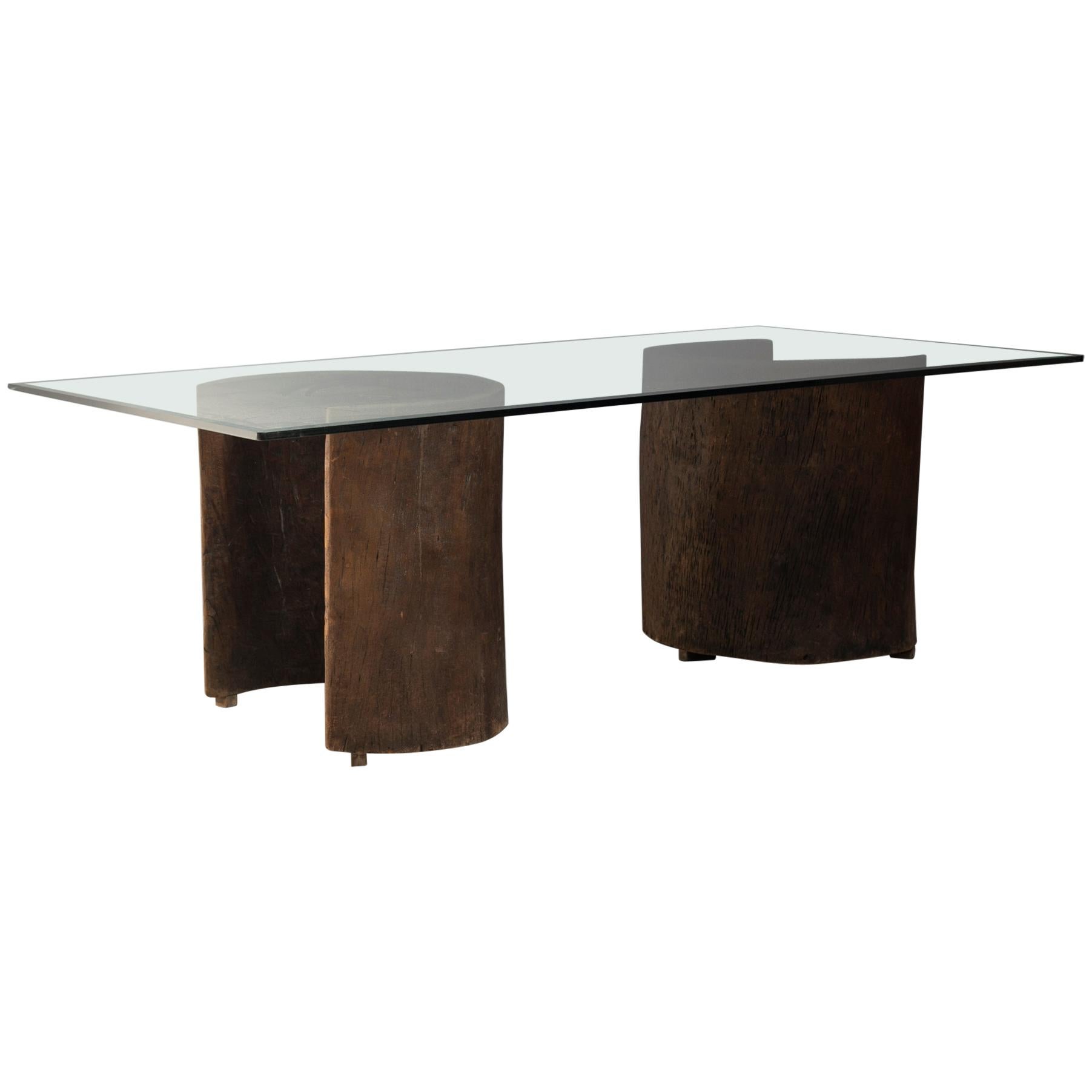 José Zanine Caldas Dining Table, Glass and Brazilian Solid Hard Wood, 1970s For Sale