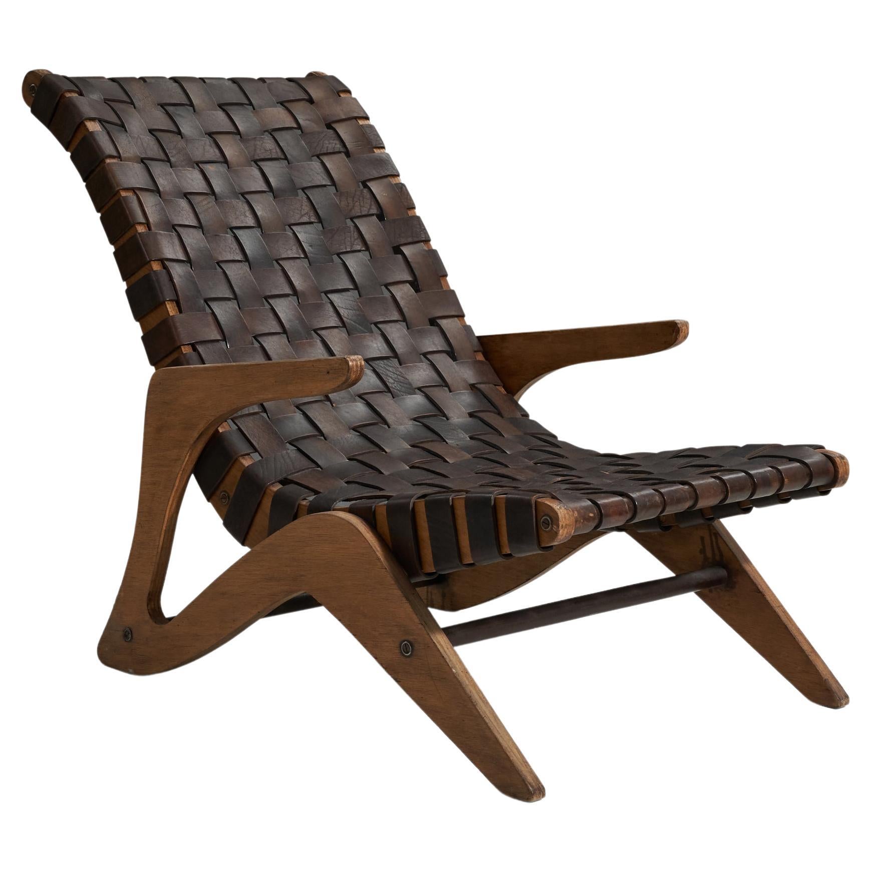 José Zanine Caldas, Lounge Chair, Imbuia Plywood, Leather, Brazil, 1950s For Sale