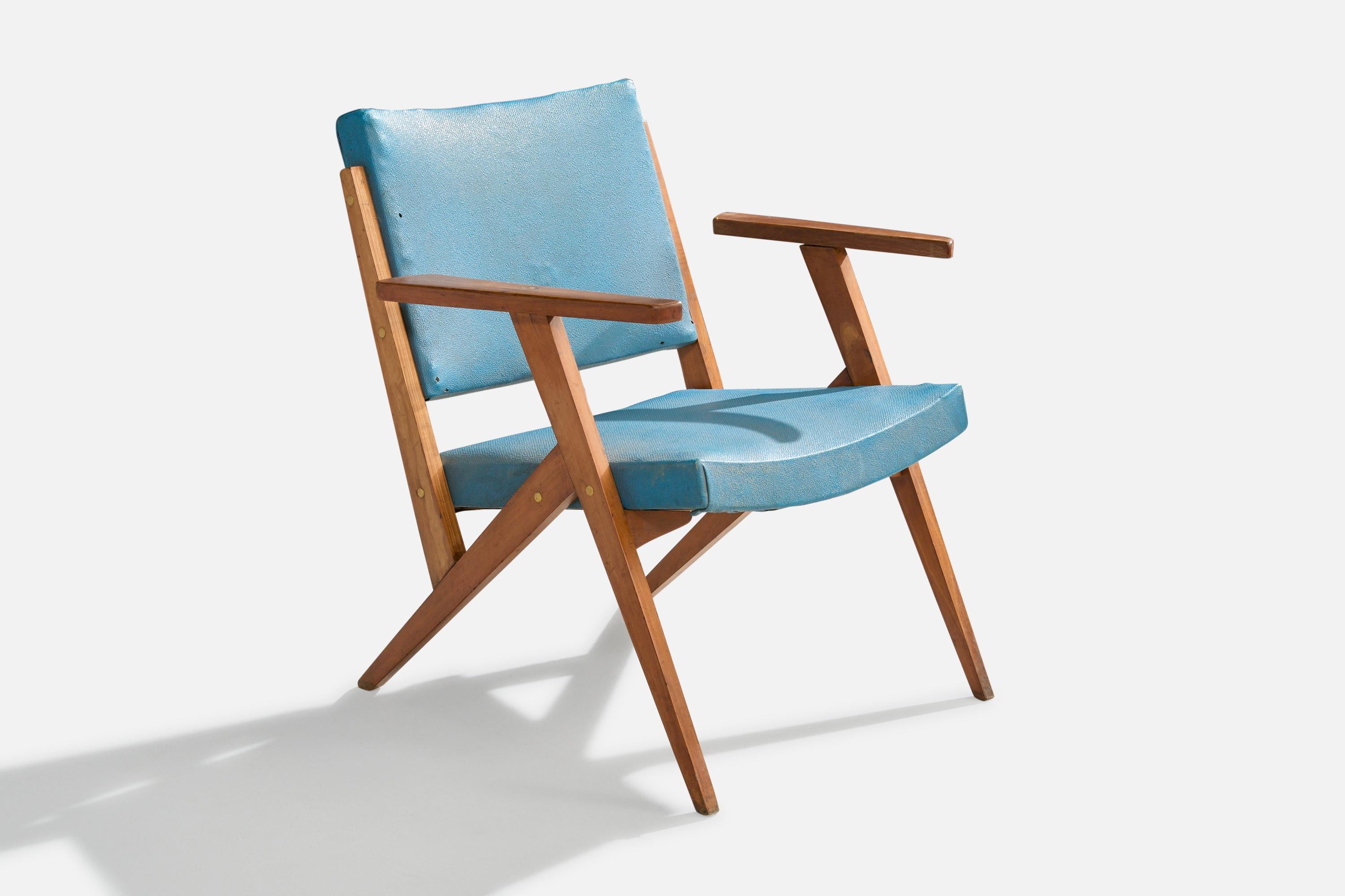 A wood and blue leatherette lounge chair or armchair designed by José Zanine Caldas and produced by Móveis Artísticos Z, Brazil, 1950s.

Light staining and discoloration to wood. Vintage leatherette in fair condition, ideally replaced.

Overall
