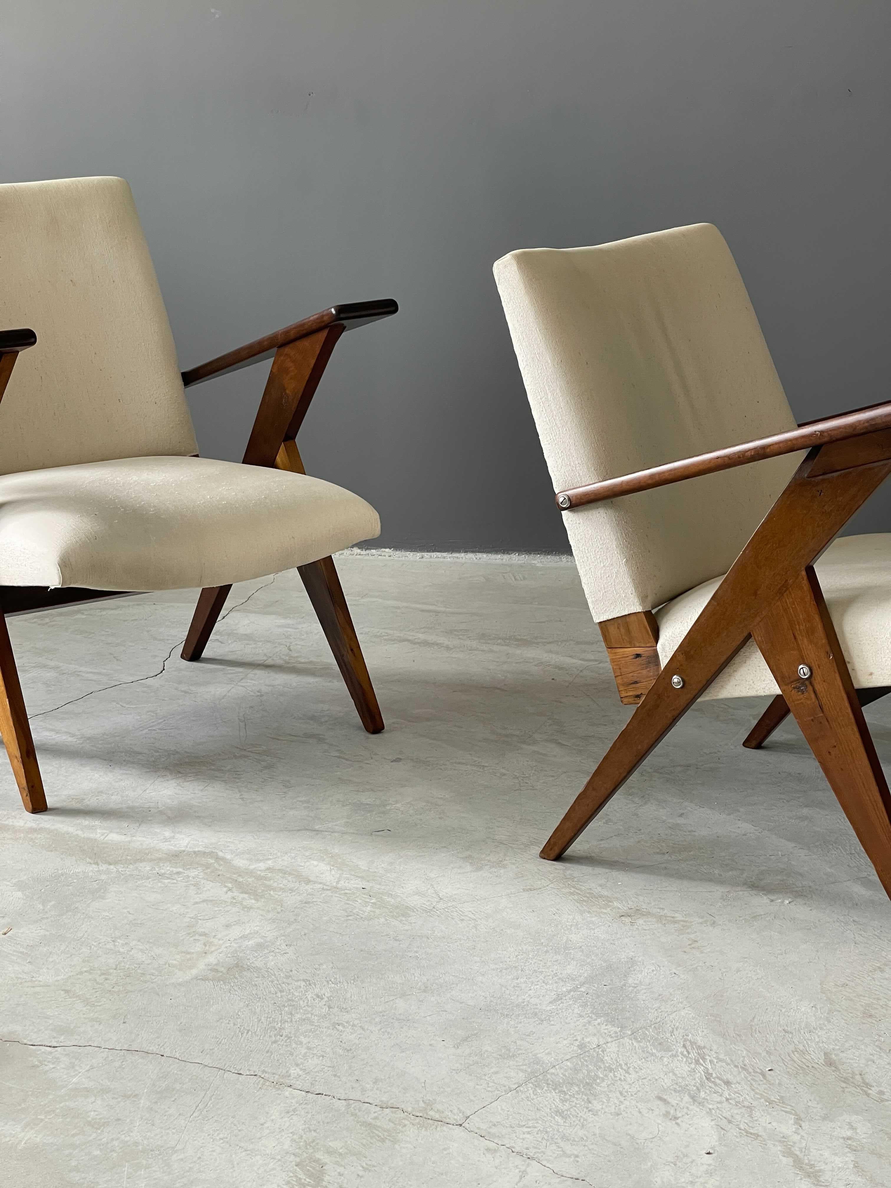 Mid-Century Modern José Zanine Caldas, Lounge Chairs, Imbuia Wood Fabric, Mòveis Artisticos Z 1950s
