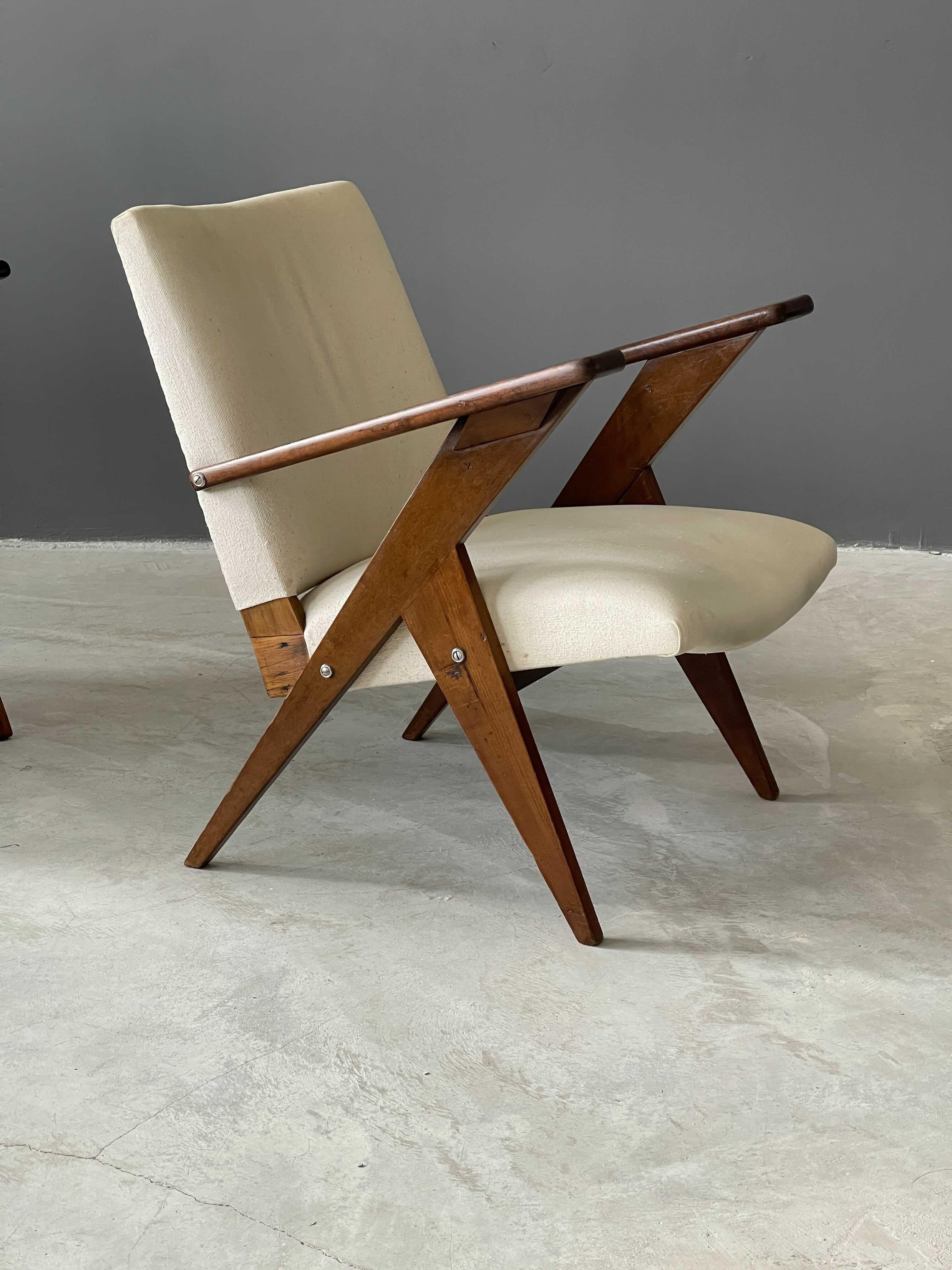 Mid-20th Century José Zanine Caldas, Lounge Chairs, Imbuia Wood Fabric, Mòveis Artisticos Z 1950s