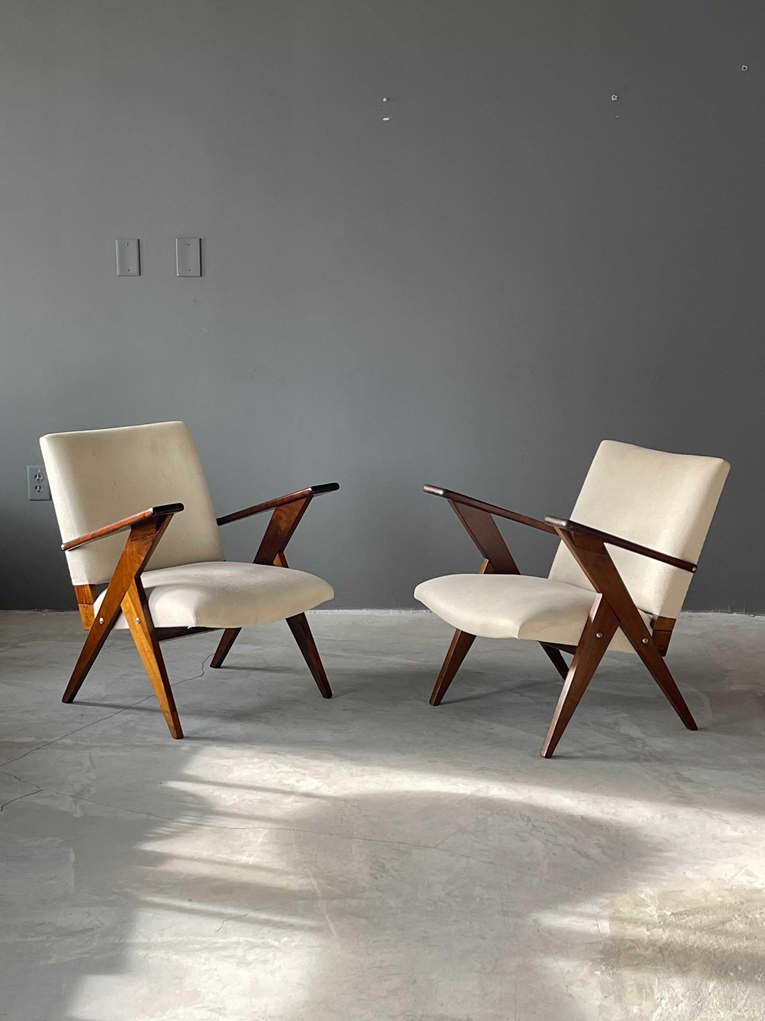 José Zanine Caldas, Lounge Chairs, Imbuia Wood Fabric, Mòveis Artisticos Z 1950s 1