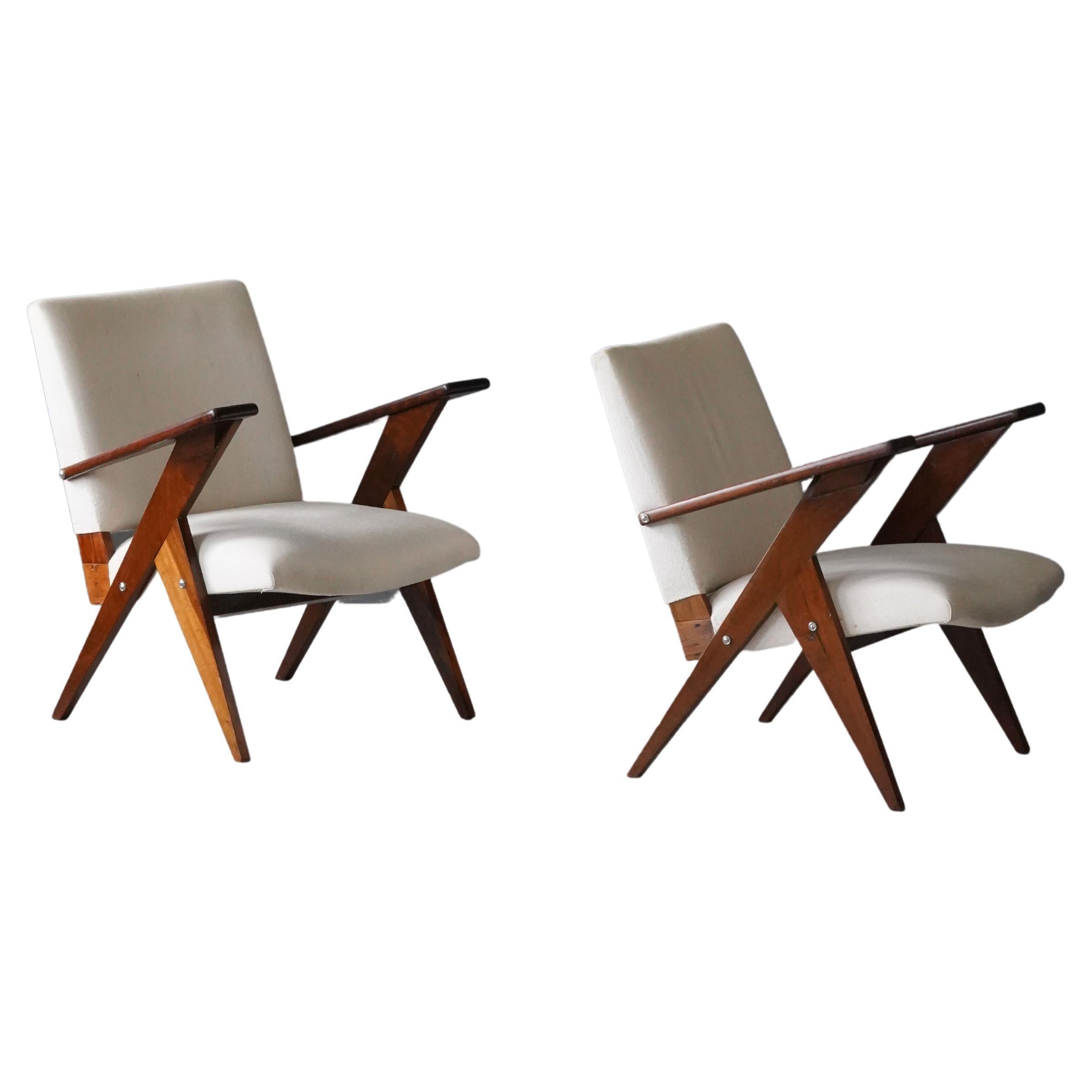 José Zanine Caldas, Lounge Chairs, Imbuia Wood Fabric, Mòveis Artisticos Z 1950s