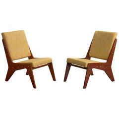 José Zanine Caldas, Lounge-Stühle, Holz, Stahl, Stoff, Brasilien, 1950er Jahre