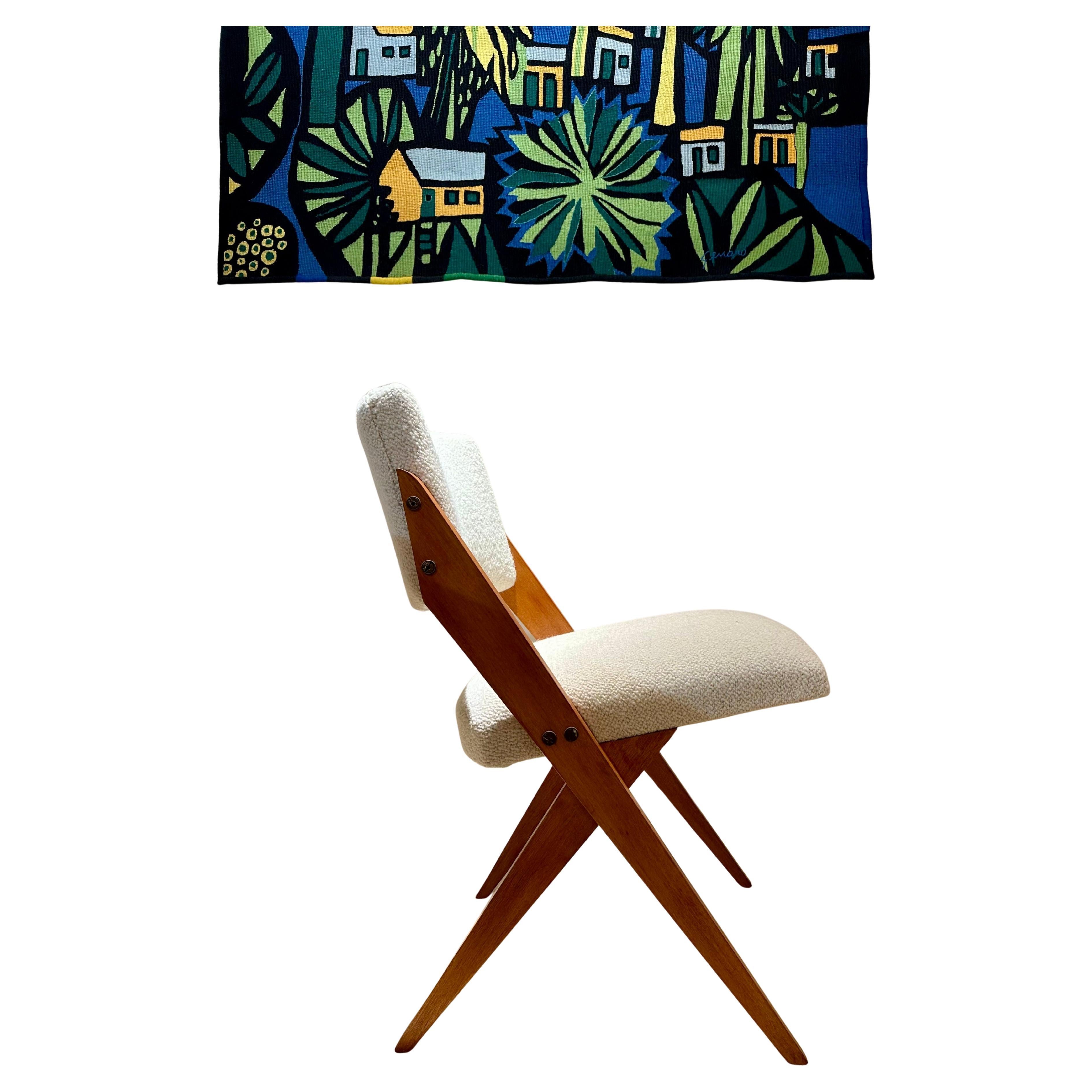 José Zanine Caldas. "Scissors" chair, c. 1950. Wood and wool fabric For Sale