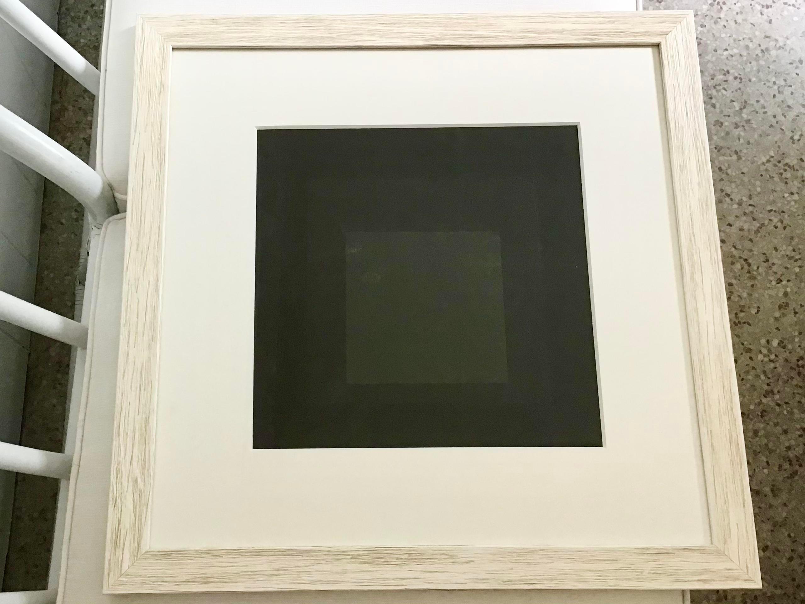 Very rare Josef Albers dark colors lithograph art piece. Add some modern art to your interiors. Beautiful new white washed frame.

Art piece dimensions: 16