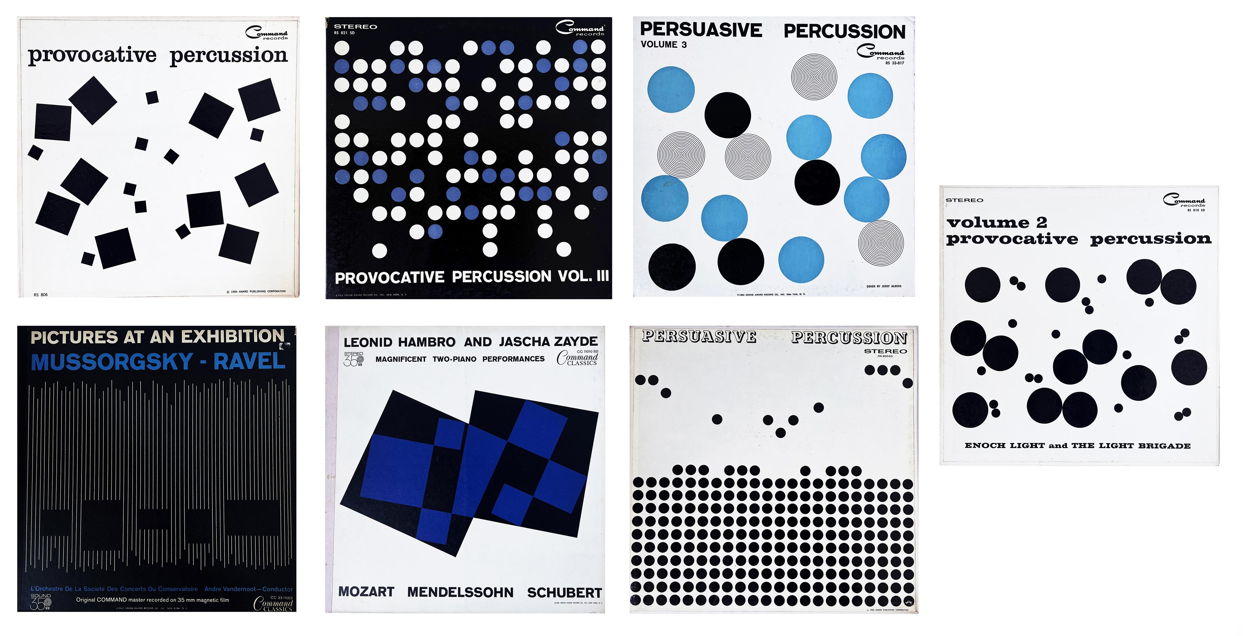 Ensemble complet de 7 illustrations d'albums de Josef Albers, datant de la fin des années 1950 :
Un ensemble de 7 pochettes de disques vinyles (contenant leurs disques) brillamment conçues par Josef Albers entre 1958 et 1960. L'ensemble contient