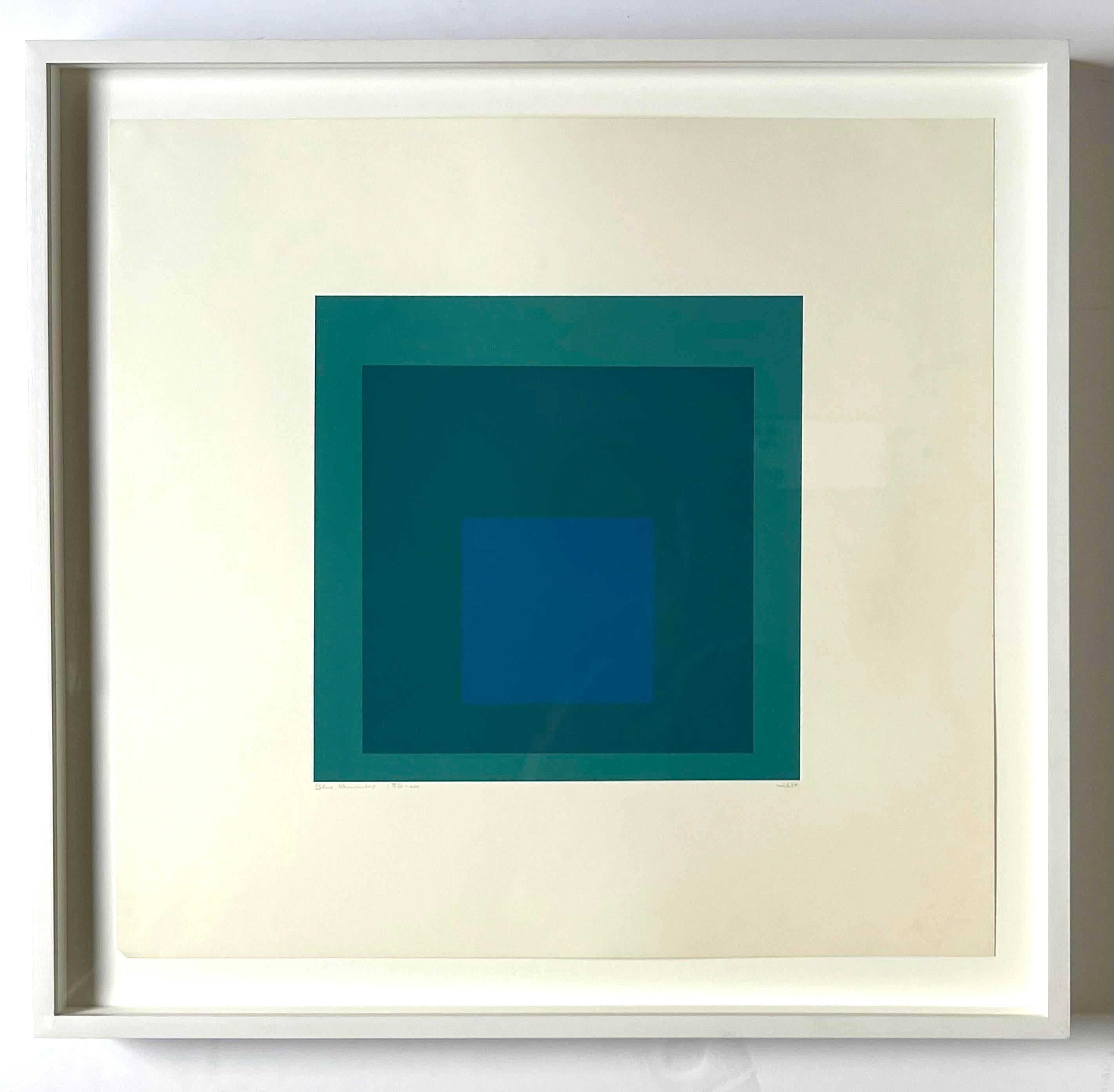 Josef Albers
Blue Reminding, 1966
Silkscreen in colours, on Mohawk Superfine Bristol paper, with full margins
Hand signed, titled, numbered 136/200 and dated in pencil by the artist on the front
Bibliography:
Catalogue Raisonne Reference: Danilowitz