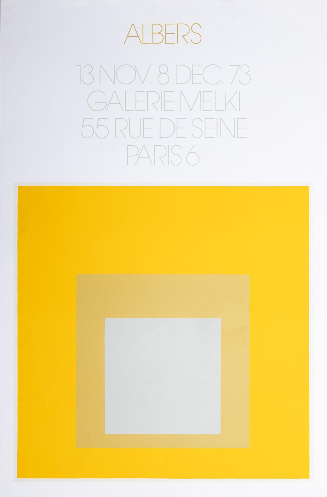 A screen print on paper poster by minimalist, op artist Joseph Albers advertising an exhibit at Galerie Melki, Paris, in 1973.  The piece features a nested series of square color fields in yellow hues.

The text reads:
ALBERS
13 NOV. 8 DEC.