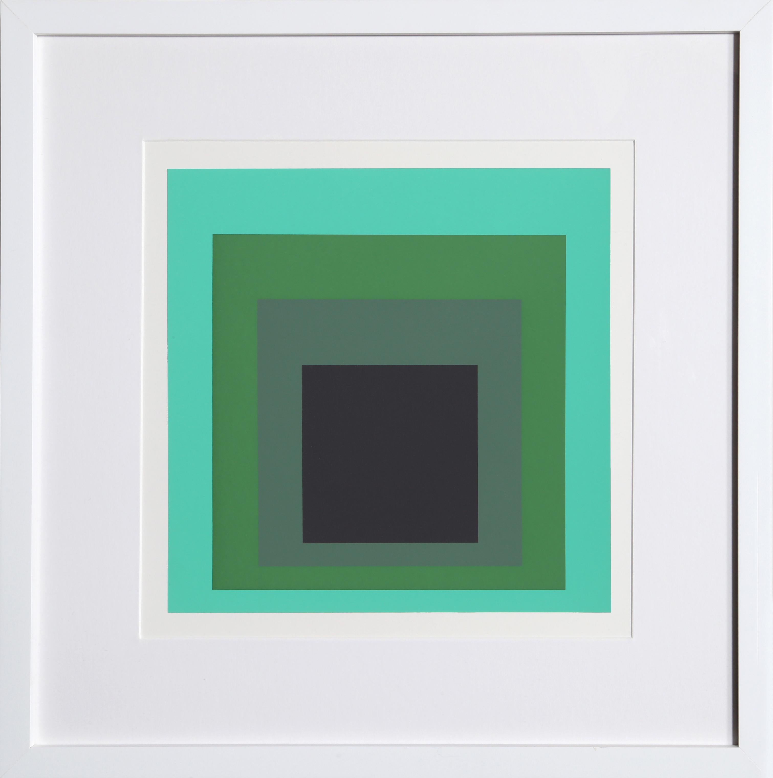 "Hommage an das Quadrat - Mappe 2, Mappe 13, Bild 1" aus der Mappe "Formulierung: Articulation" von Josef Albers aus dem Jahr 1972. Diese monumentale Serie besteht aus 127 Original-Siebdrucken, die einen endgültigen Überblick über die wichtigsten