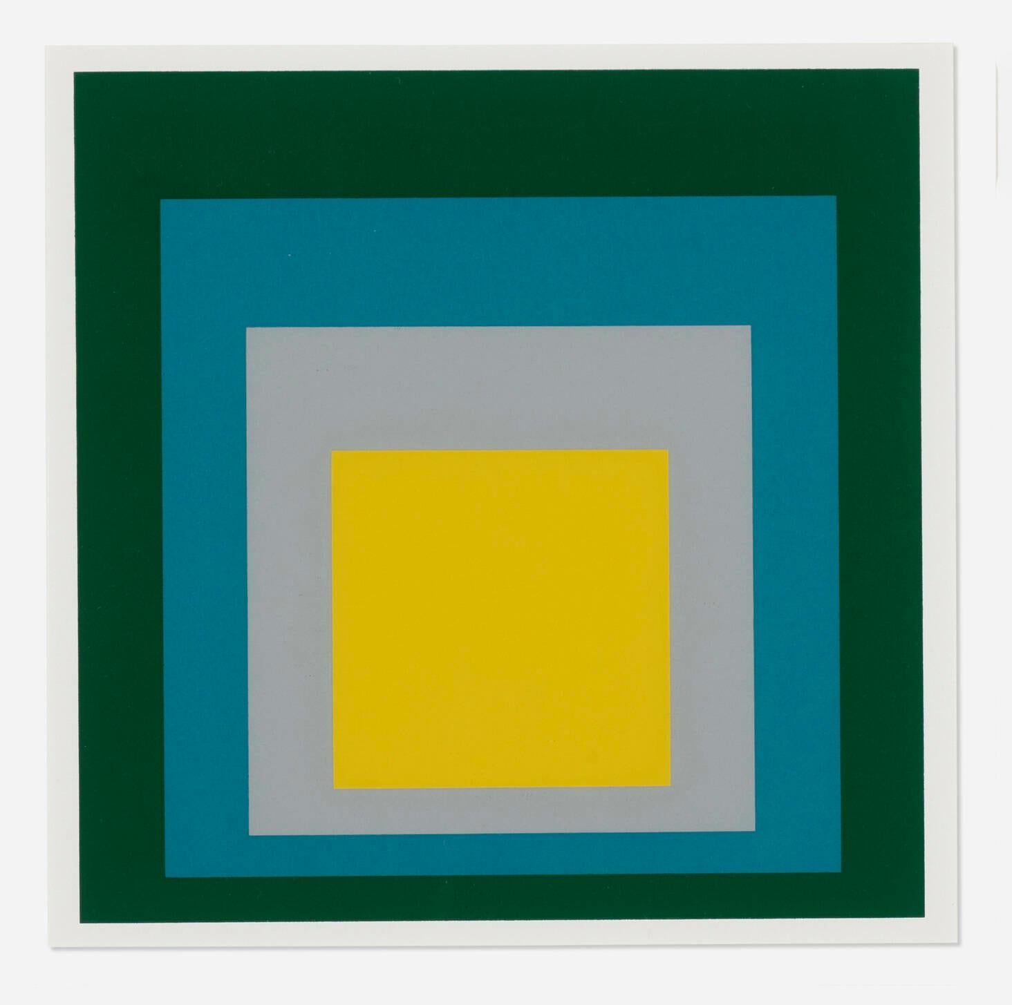 Artist: Josef Albers, German (1888 - 1976)
Title: "Homage to the Square : Park 1967" From New Paintings NY First edition
Year: 1968
Medium: Screenprint
Edition Size: Unknoun, presumed small edition
Image Size: 7.5 x 7.5 Inches
over all with borders: