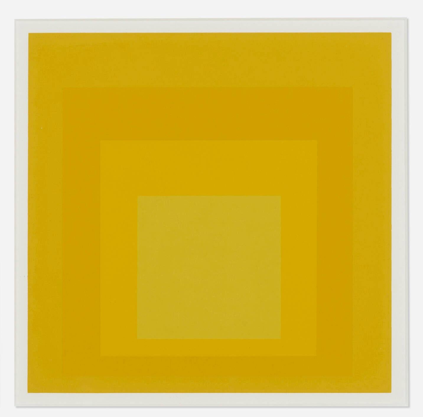 Artist: Josef Albers, German (1888 - 1976)
Title: "Homage to the Square : Saturated 1968" From New Paintings NY First edition
Year: 1968
Medium: Screenprint
Edition Size: Unknoun, presumed small edition
Image Size: 7.5 x 7.5 Inches
over all with