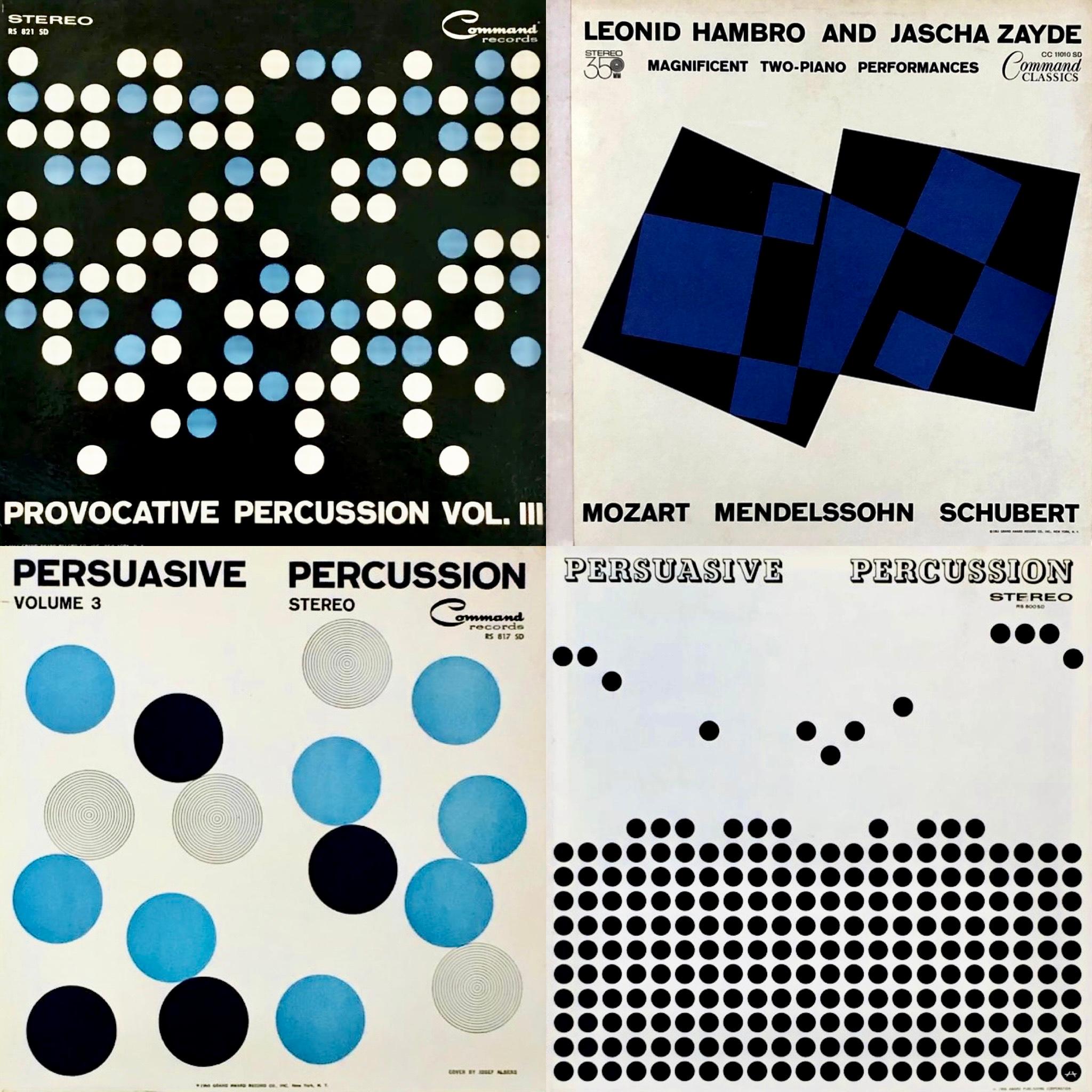 Josef Albers Album Art late 1950s to early 60s:
A set of 4 vinyl record covers (containing their records) brilliantly illustrated & designed by Josef Albers between 1958 and 1962. Looks fantastic framed as a group.

Offset lithograph on vinyl album